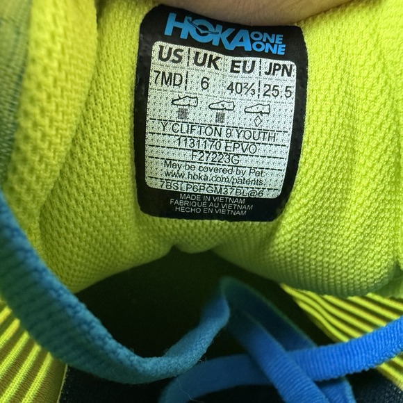 New Big Kids Hoka One One Clifton 9 Green Athletic Running Sneakers Shoes Size 7 - Picture 8 of 8